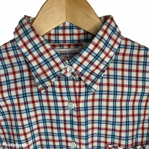 VINTAGE GUESS Micro Plaid Top Large L White Red Blue Buttons 80s - Picture 3 of 5